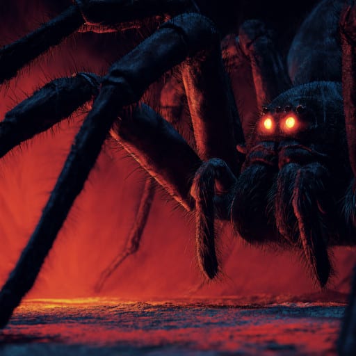 Une araignée monstrueuse surgissant de l’ombre, image de la peur des insectes et des araignées, une peur universelle profondément ancrée, la peur des araignées.