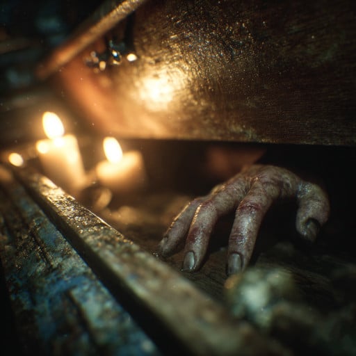 Vue de l’intérieur d’un cercueil fermé, une main gratte le bois, illustrant la peur d’être enterré vivant, une des peurs universelles les plus angoissantes.