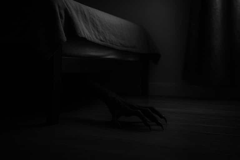 Ombre griffue s’étendant depuis sous un lit, représentant une créature invisible et l’une des plus flippantes de l’horreur.