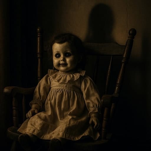 Poupée ancienne au sourire inquiétant et yeux vitreux, posée sur une chaise dans une chambre sombre.