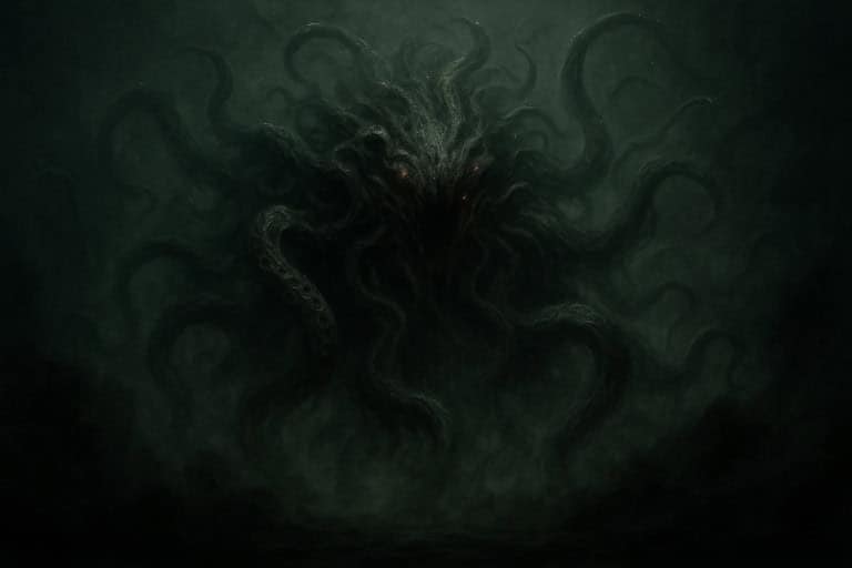 Monstre tentaculaire gigantesque émergeant des abysses, formes organiques indescriptibles et yeux multiples.