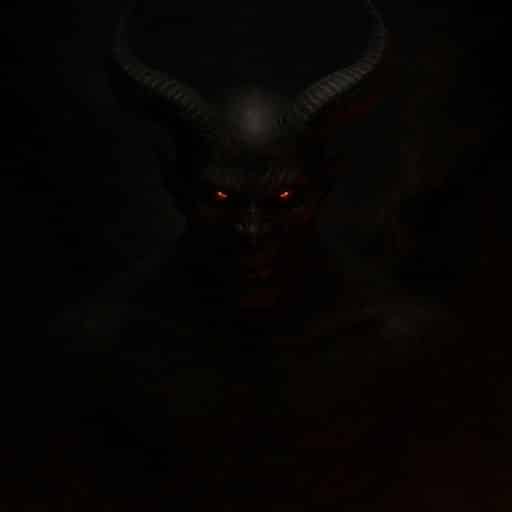 Démon humanoïde au visage déformé, yeux rougeoyants et cornes acérées, émergeant d’une fumée sombre.