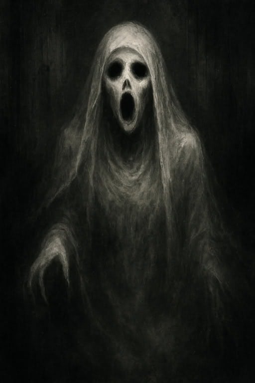 Apparition spectrale féminine dans un couloir sombre, représentant l’une des créatures les plus flippantes de l’horreur.