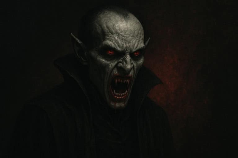 Vampire aux traits démoniaques, incarnant l’une des créatures les plus flippantes de l’horreur dans un style gothique.