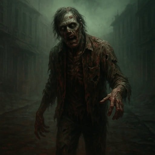 Illustration sombre d’un zombie, l’une des créatures les plus flippantes de l’horreur, avec chair en décomposition et regard vide.