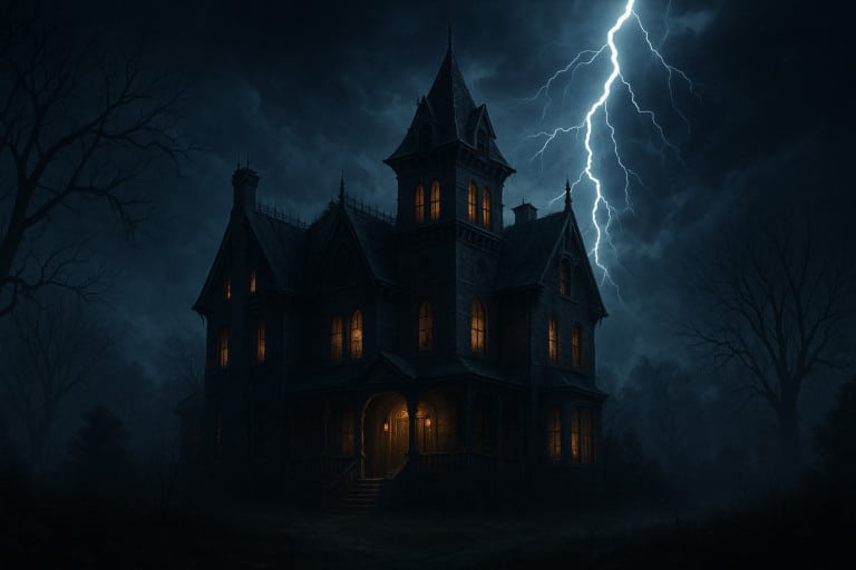 Un manoir gothique sur une colline, frappé par des éclairs dans le ciel orageux, représentant une maison hantée terrifiante et intemporelle.