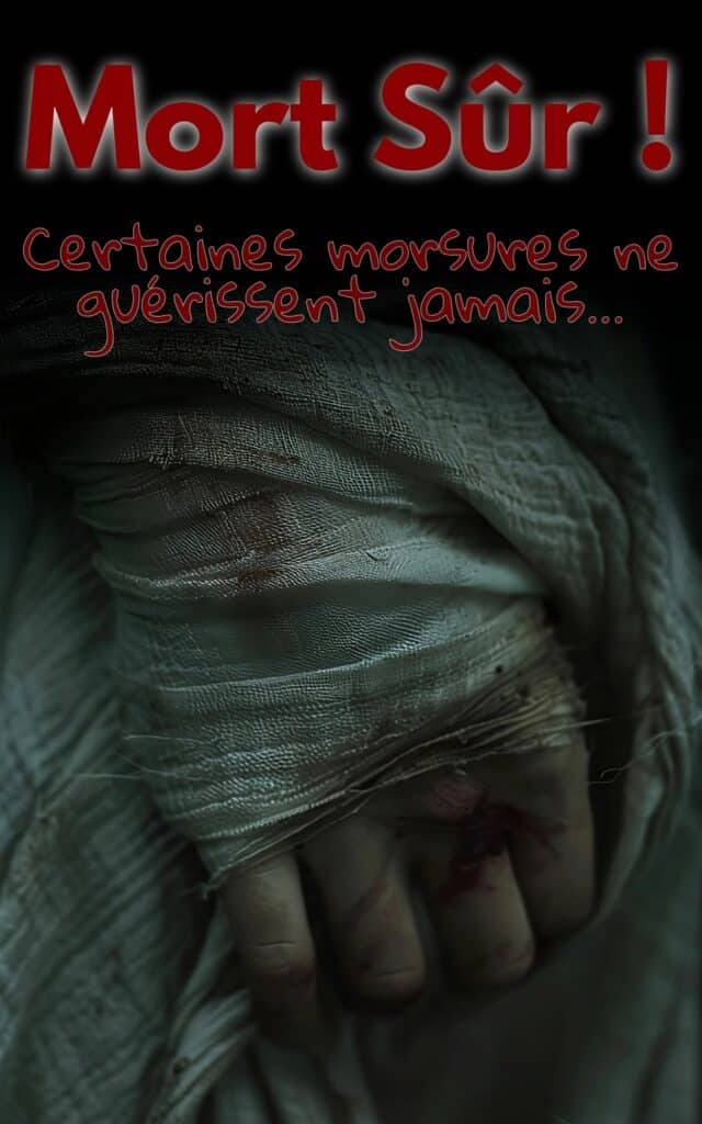 Couverture de la nouvelle d’horreur « Mort Sûr ! » : un bandage ensanglanté enserre une main blessée, avec le titre en rouge et le slogan « Certaines morsures ne guérissent jamais… ».