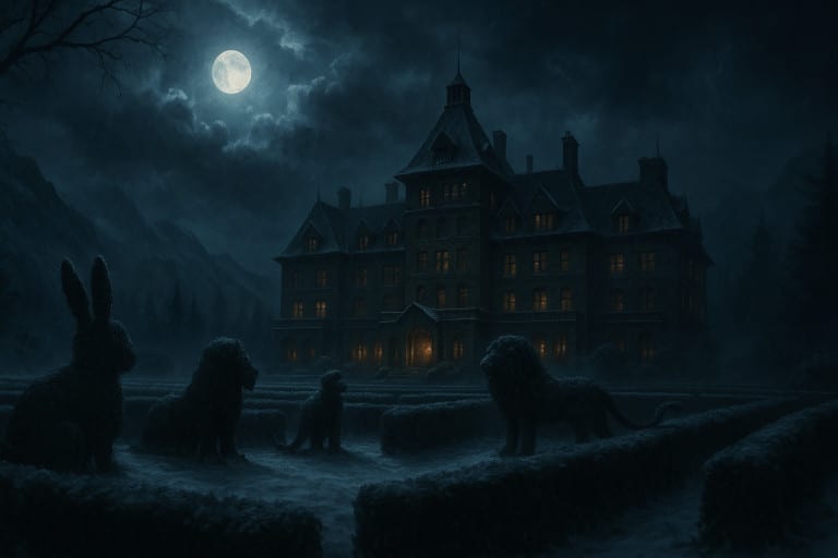 Un grand hôtel ressemblant à une maison hantée, entouré de jardins de topiaires inquiétants en forme de lapin, lions et chien, dans une atmosphère sombre et menaçante.