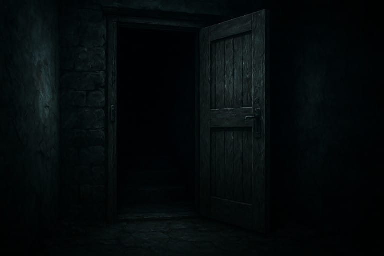 Une porte de cave entrouverte laissant voir uniquement des ténèbres profondes, évoquant l’ambiance d’une maison hantée et le mystère de ce qui rôde à l’intérieur.