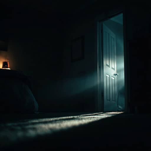 Une chambre sombre avec une faible lueur sous la porte, représentant la peur du noir, l’une des peurs universelles de l’horreur.