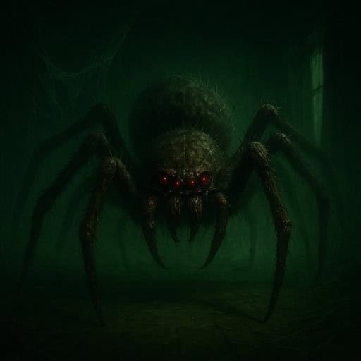 Araignée monstrueuse noire et poilue, crochets menaçants et multiples yeux brillants dans l’ombre, image parfaite pour illustrer la peur des araignées.
