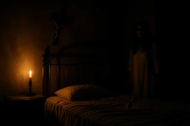 Chambre sombre avec un lit ancien, crucifix renversé au mur et silhouette floue d’une jeune fille possédée, illustrant la possession et l’exorcisme.