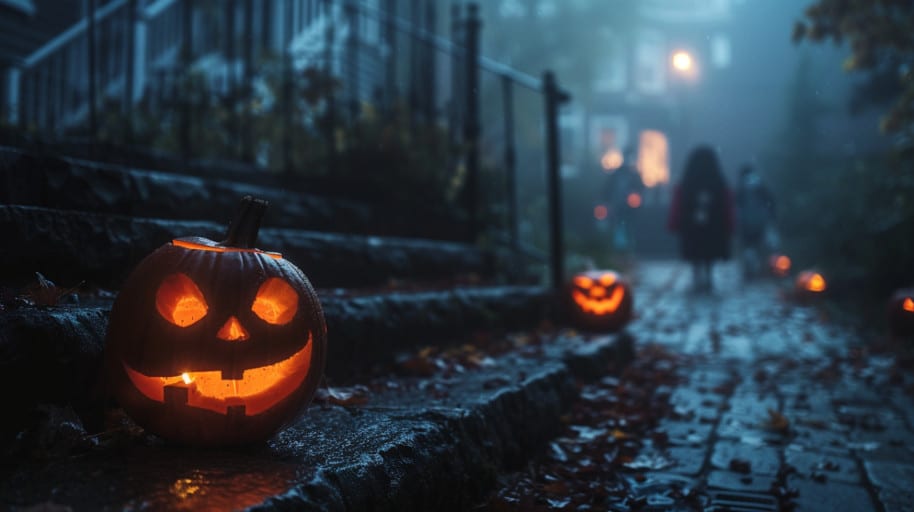 Histoire Halloween : citrouilles Jack O’Lantern éclairant un chemin humide, enfants déguisés s’avançant dans la brume d’une nuit d’Halloween.