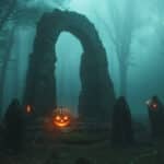Histoire Halloween : rituel sombre dans une forêt brumeuse avec des silhouettes encapuchonnées et une citrouille sculptée illuminée.