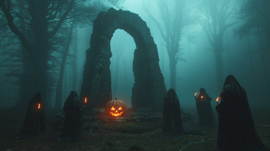 Histoire Halloween : rituel sombre dans une forêt brumeuse avec des silhouettes encapuchonnées et une citrouille sculptée illuminée.