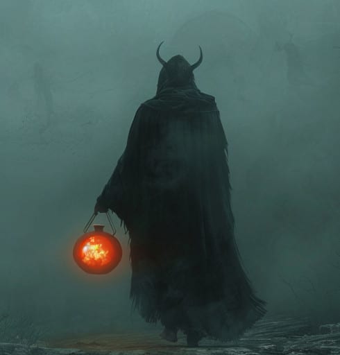 Histoire Halloween : silhouette sombre cornue avançant dans la brume, tenant un navet-lanterne enflammé rappelant la légende de Jack O’Lantern.