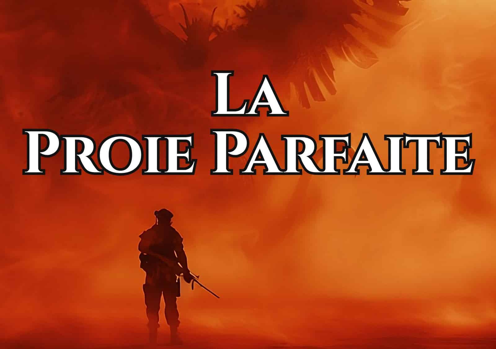 Couverture de la nouvelle d’horreur « La Proie Parfaite » : un chasseur solitaire armé d’un fusil fait face à une créature ailée monstrueuse surgissant des flammes et de la fumée rougeoyante.