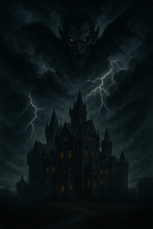 Manoir gothique sous un ciel orageux, les nuages formant le visage démoniaque d’un vampire inspiré de Dracula, symbole d’une histoire de vampire sombre et terrifiante.