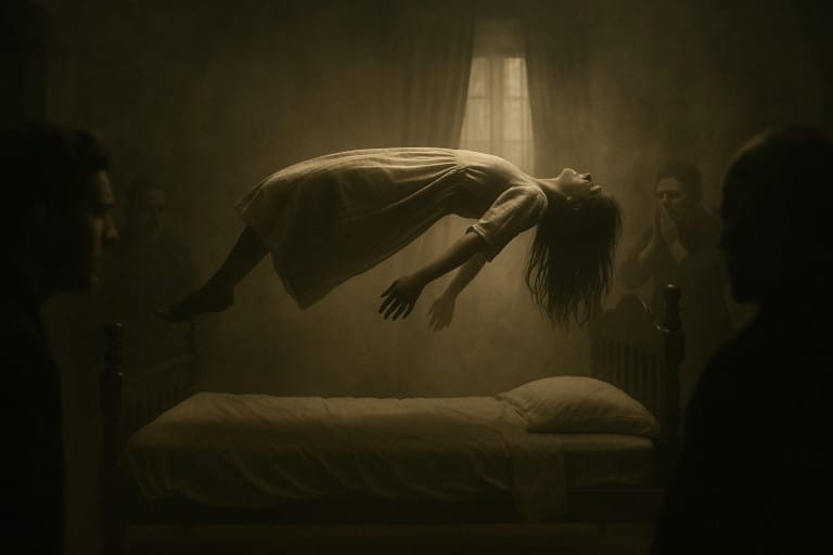 Jeune femme en lévitation au-dessus d’un lit ancien, entourée de témoins terrifiés dans une atmosphère brumeuse, symbole de possession et exorcisme.