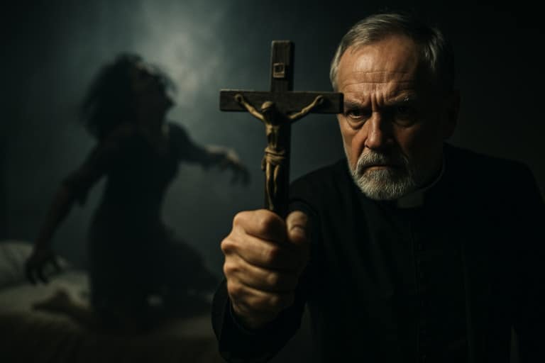 Gros plan dramatique d’un prêtre tenant un crucifix face à une silhouette possédée contorsionnée, scène réaliste de possession et exorcisme.