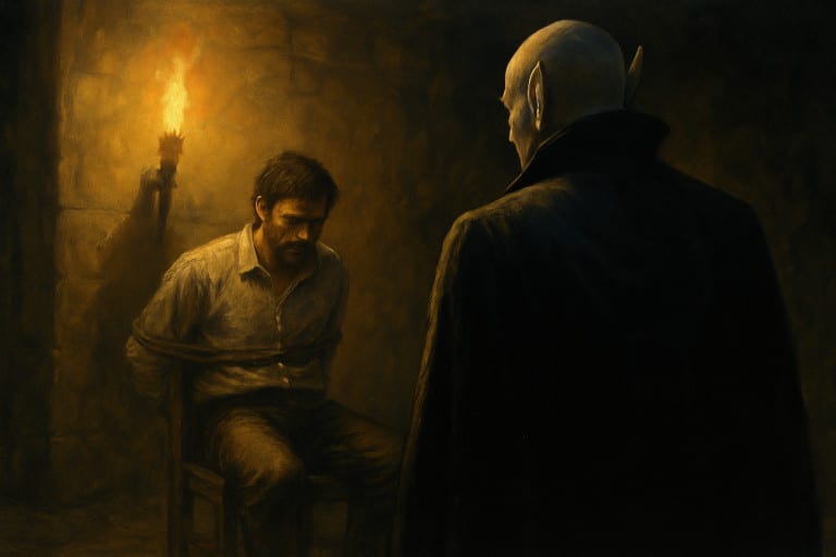 Un homme attaché sur une chaise dans une cellule éclairée par une torche, observé par un vampire de dos à la silhouette menaçante, créant une scène d’horreur intense.