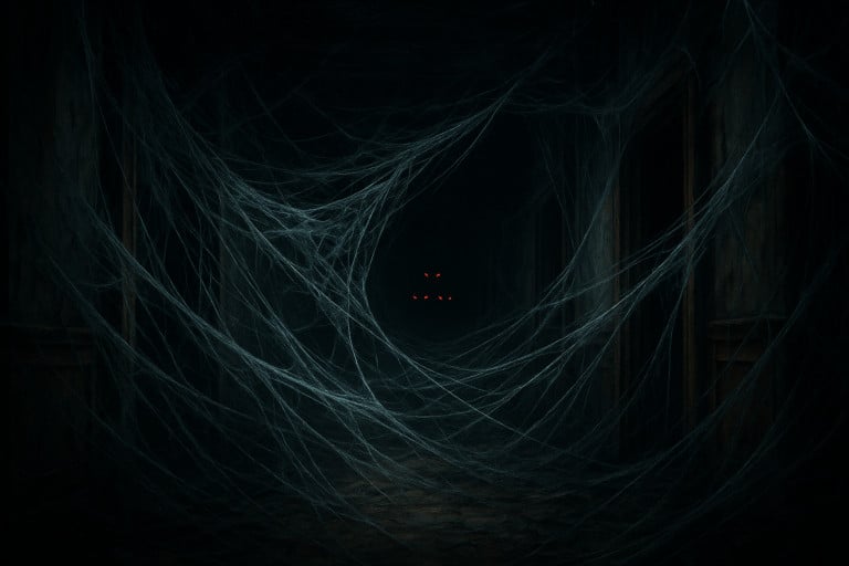 Couloir sombre rempli de toiles d’araignées, atmosphère étouffante, avec huit yeux rouges à peine visibles au bout, illustrant la peur des araignées.