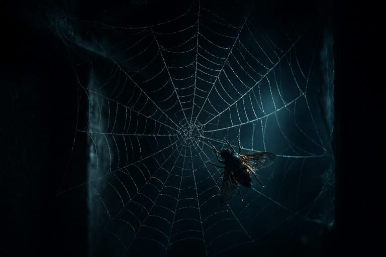 Gros plan d’une toile sombre avec un insecte piégé, image symbolisant la peur des araignées et la métaphore de l’emprisonnement.