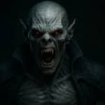 Vampire terrifiant inspiré de Viktor dans Underworld, au visage monstrueux, peau pâle et crocs acérés, incarnant la créature cauchemardesque des histoires de vampire.