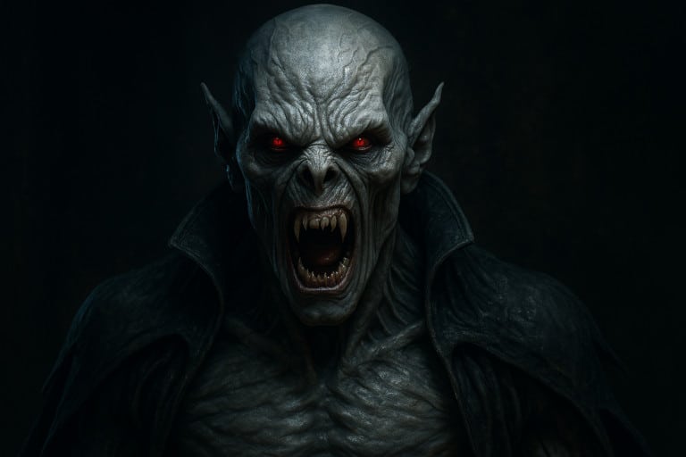 Vampire terrifiant inspiré de Viktor dans Underworld, au visage monstrueux, peau pâle et crocs acérés, incarnant la créature cauchemardesque des histoires de vampire.