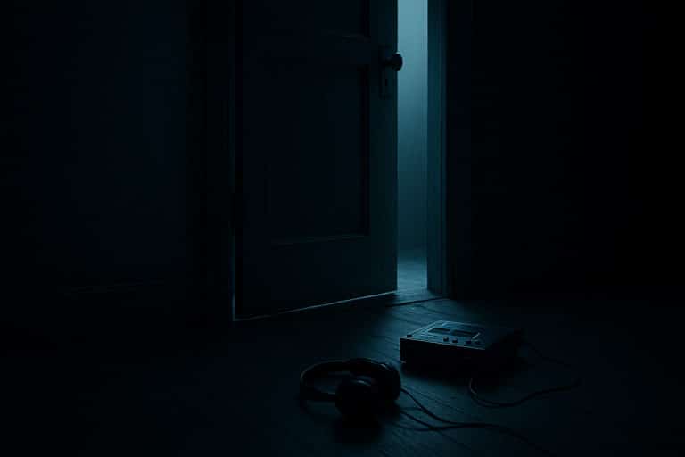Porte entrouverte et casque audio abandonné dans la pénombre, évoquant la peur du son et l’invisible dans les films d’horreur.